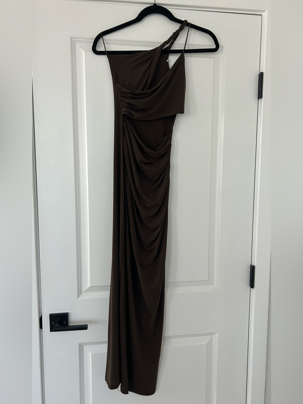 Zara One-Shoulder Draped Maxi Dress in Brown